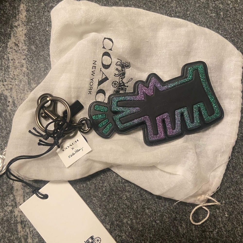 NWT Coach glitter Keith Haring dog keychain